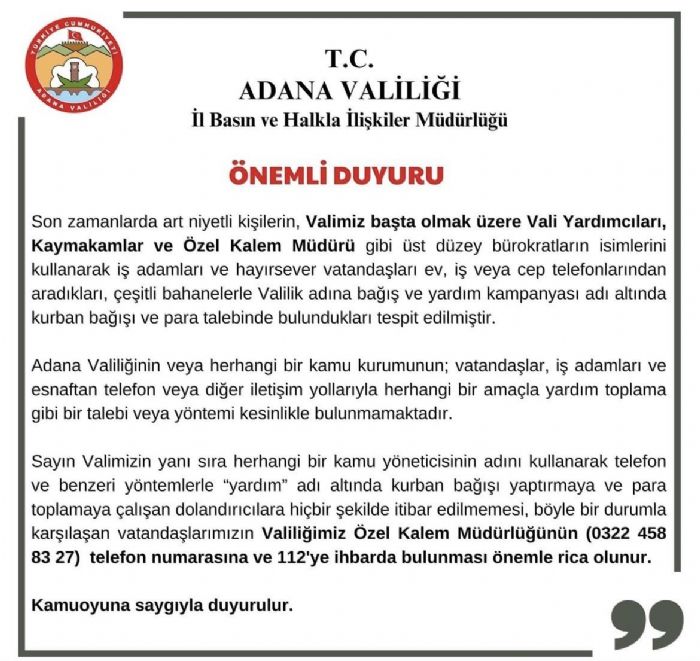 Adana Valilii, vatandalar bayram ncesinde dolandrcla kar uyard