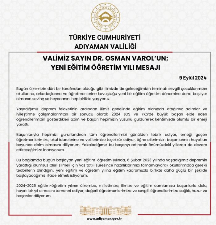 Valimiz Sayn Dr. Osman Varolun Yeni Eitim retim Yl Mesaj