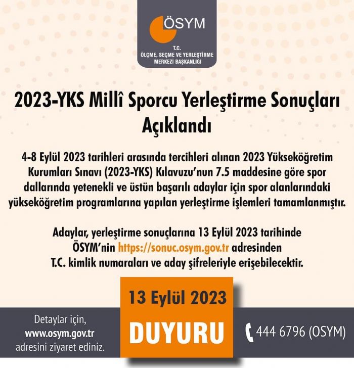 2023-YKS Milli Sporcu yerletirme sonular akland