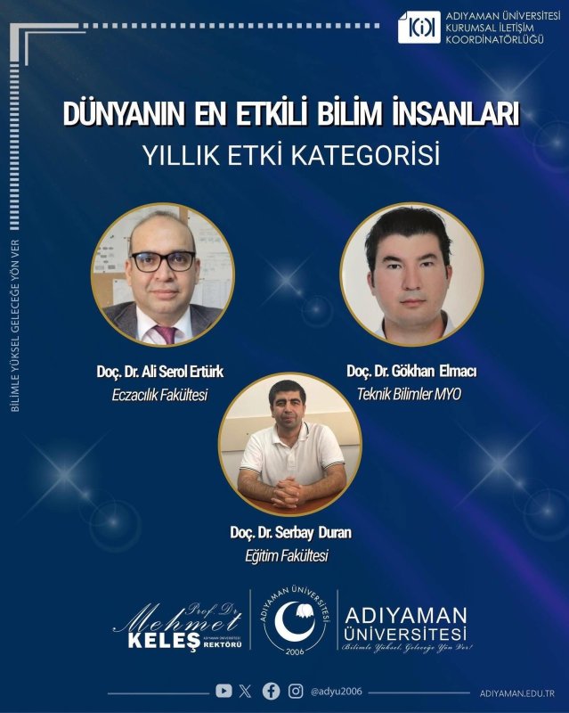 Adıyaman Üniversitesi’nden 3 Akademisyen Dünyanın En Etkili Bilim İnsanları Arasında