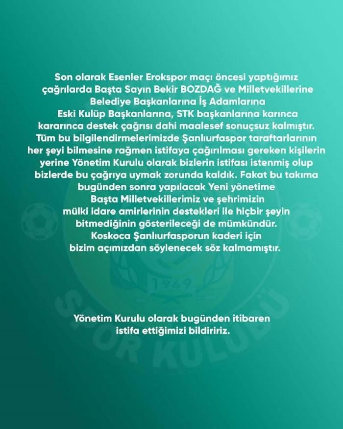 Şanlıurfaspor yönetimi istifa etti
